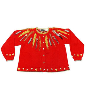Vintage Christine Foley Cardigan Sweater Fall Embroidered Beaded Feathers SZ 2